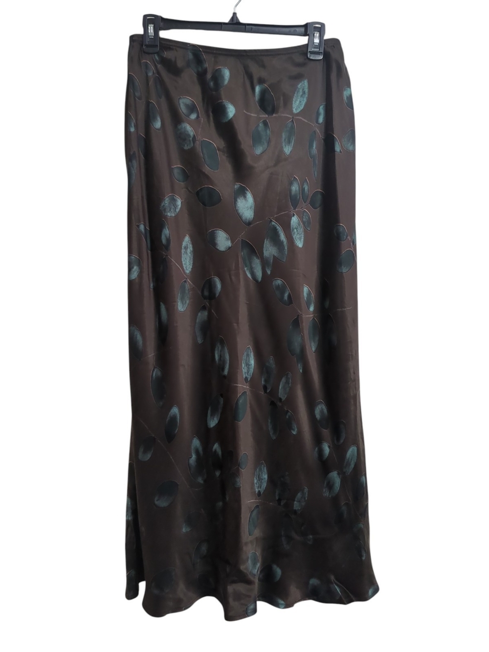 Carole Little Brown Satin Maxi Skirt with Teal Leaf Motif